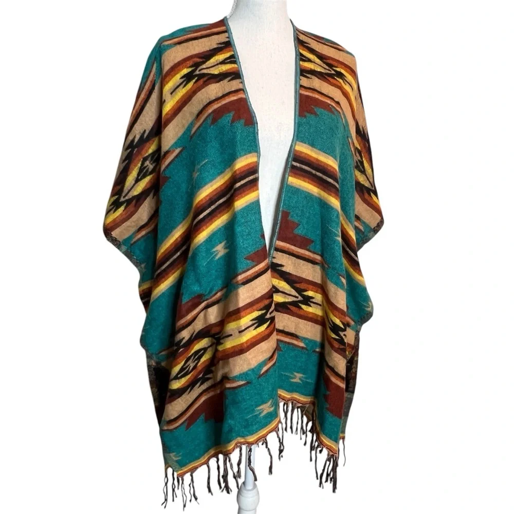 Southwestern Print Soft Poncho Fringe Teal Yellow Festival Unisex One Size - Picture 1 of 10